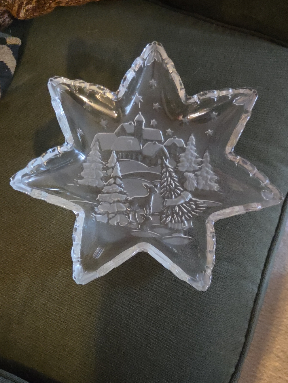 Clear Glass Star Holiday Dish with Winter Village Etching